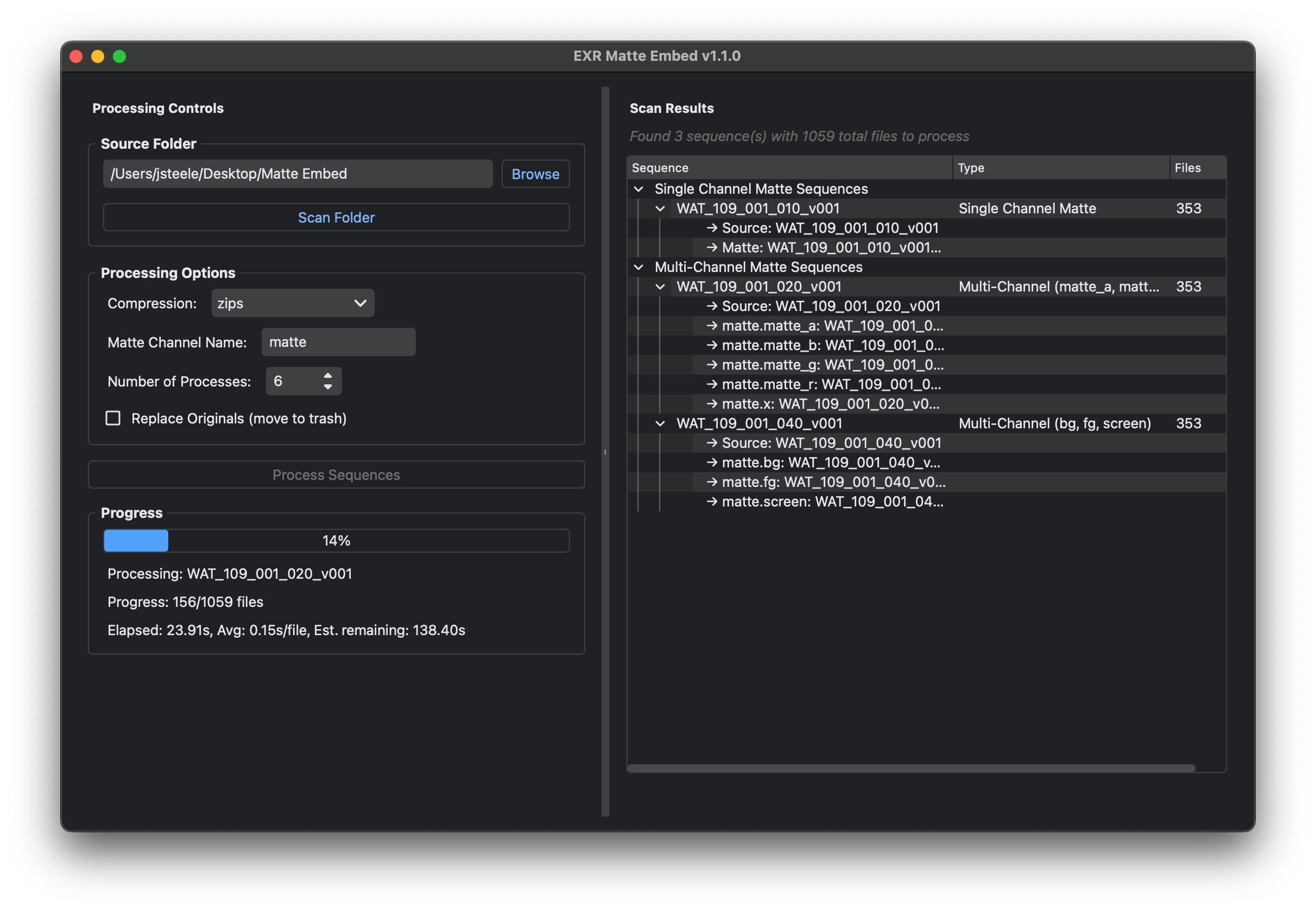 EXR Matte Embed Interface - Dark Mode